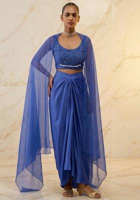 Blue Embroidered Handwork Fusion Set