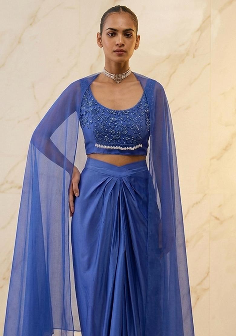 Blue Embroidered Handwork Fusion Set - Indya