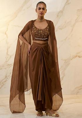 Brown Embroidered Handwork Fusion Set