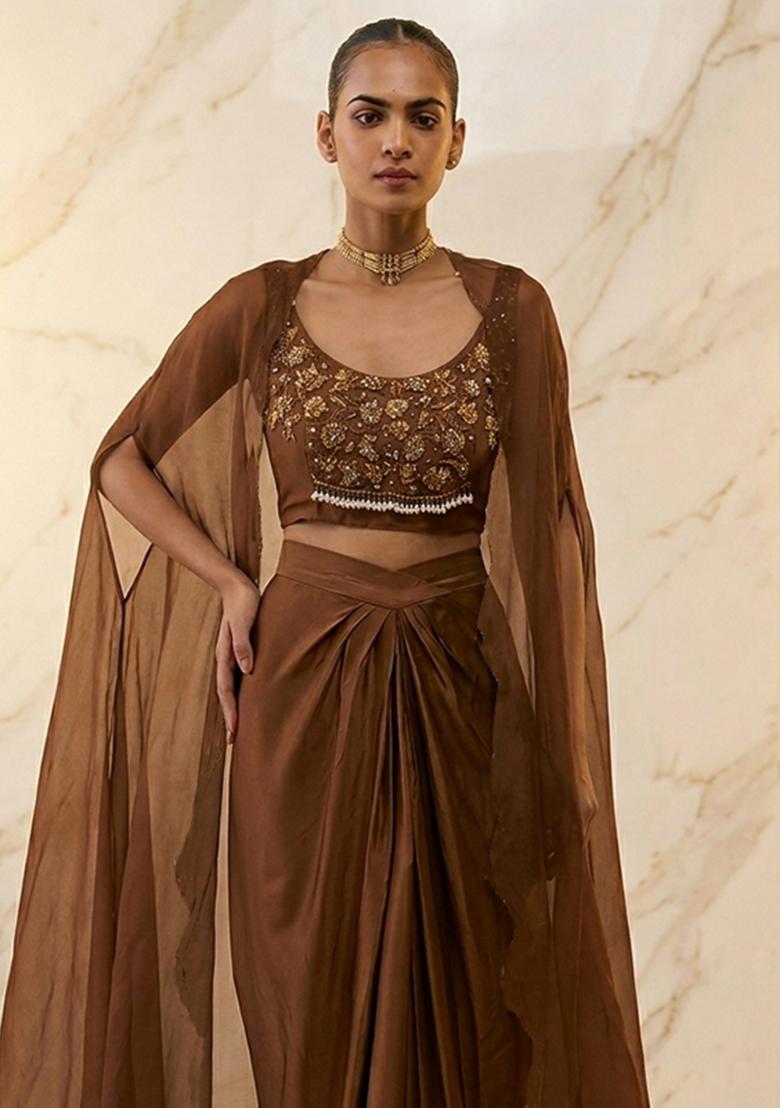 Brown Embroidered Handwork Fusion Set - Indya