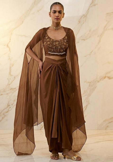 Brown Embroidered Handwork Fusion Set