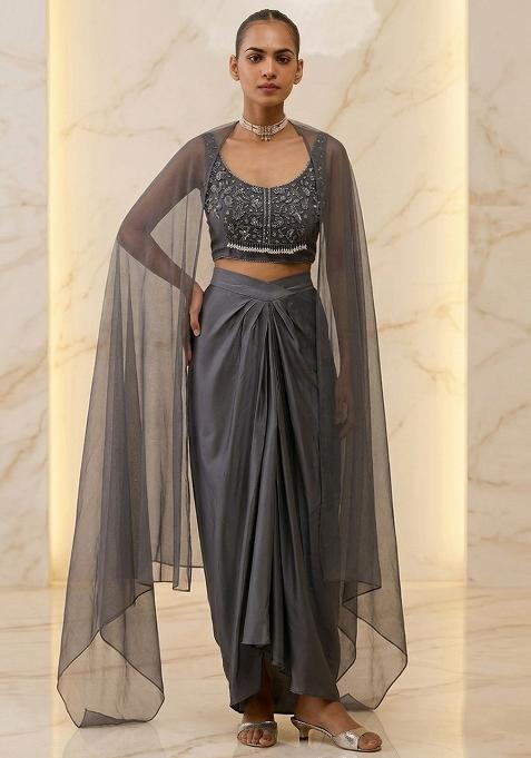 Grey Embroidered Handwork Fusion Set