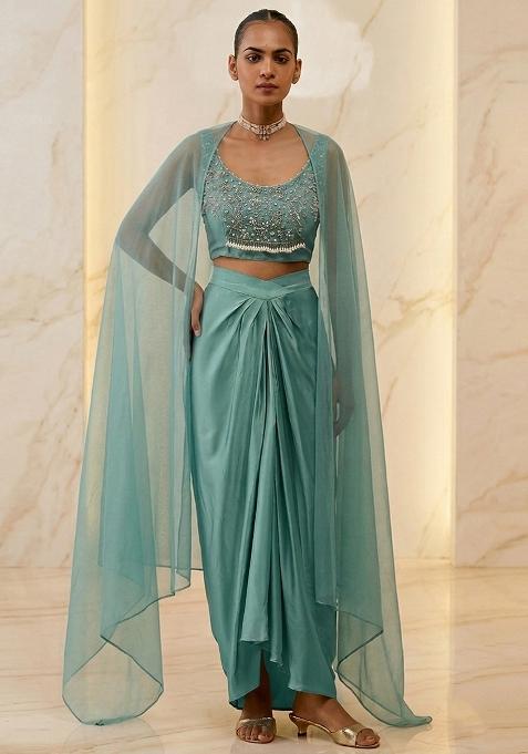 Sea Green Embroidered Handwork Fusion Set