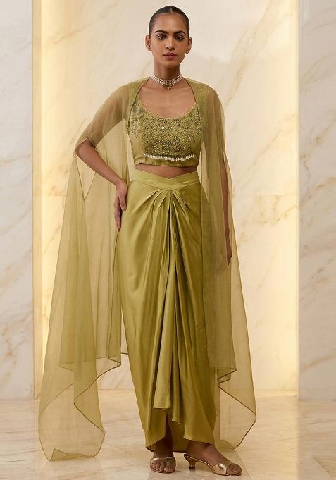 Olive Green Embroidered Handwork Fusion Set