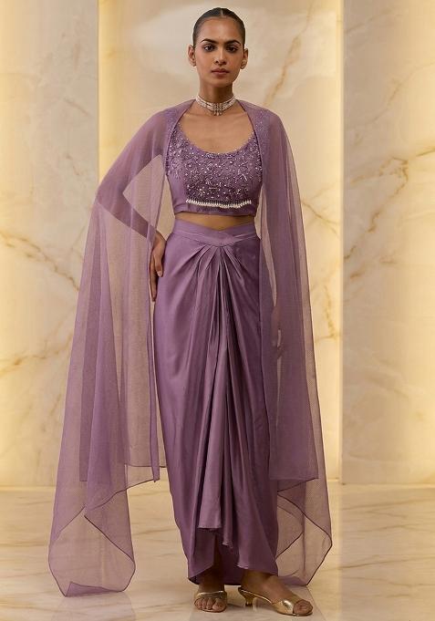Purple Embroidered Handwork Fusion Set
