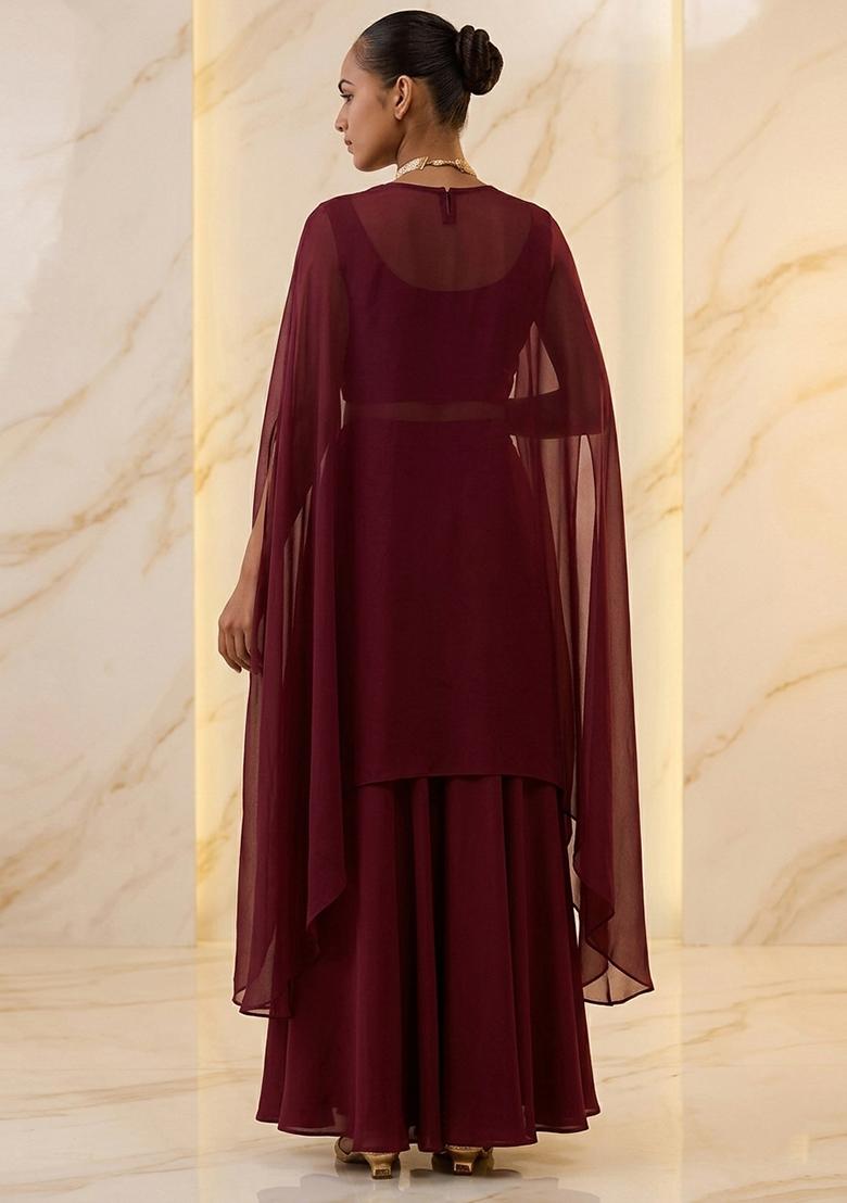 Wine Embroidered Handwork Fusion Set - Indya