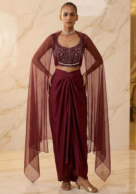 Wine Embroidered Handwork Fusion Set