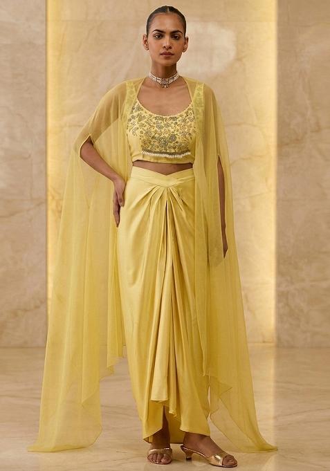 Yellow Embroidered Handwork Fusion Set