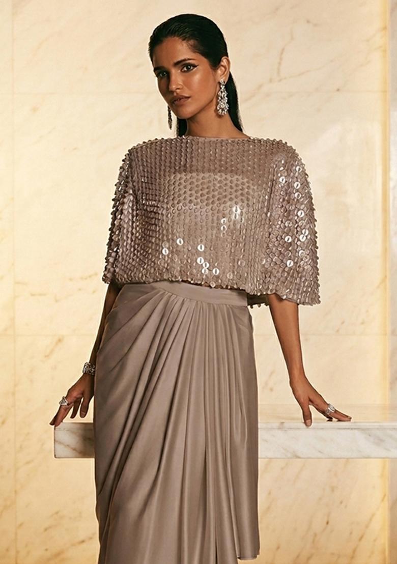Beige Embroidered Handwork Fusion Set - Indya