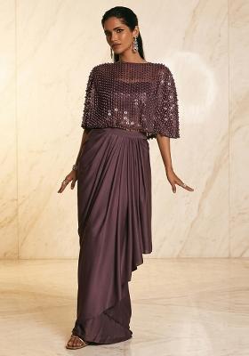 Plum Embroidered Handwork Fusion Set