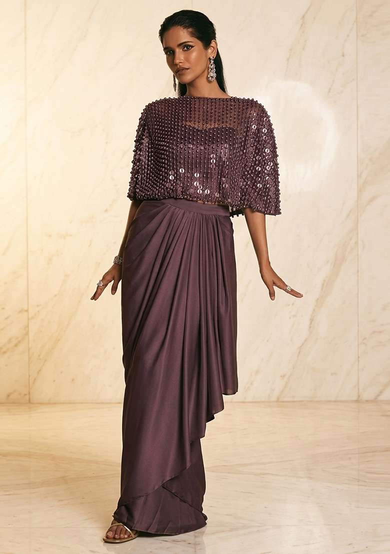 Plum Embroidered Handwork Fusion Set - Indya