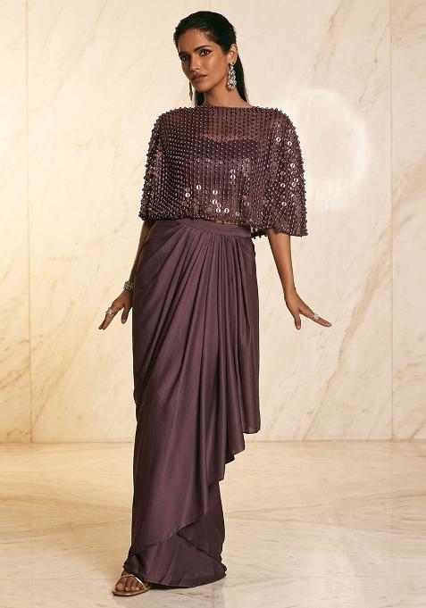 Plum Embroidered Handwork Fusion Set