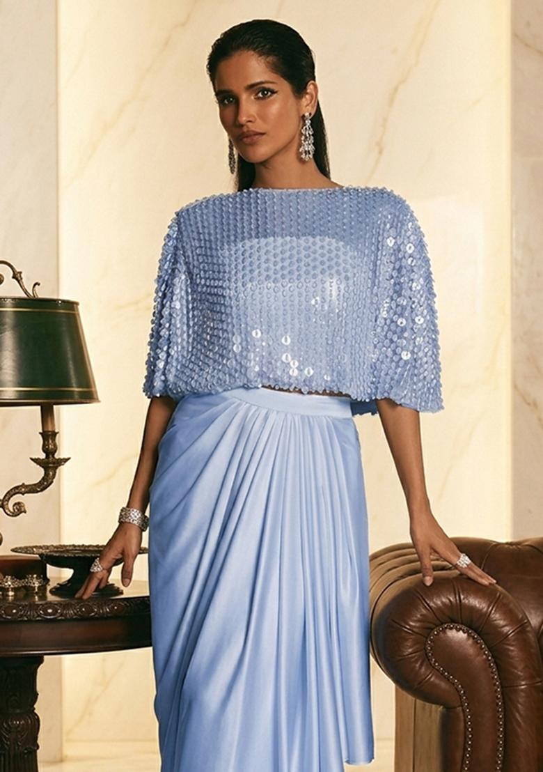 Blue Embroidered Handwork Fusion Set - Indya