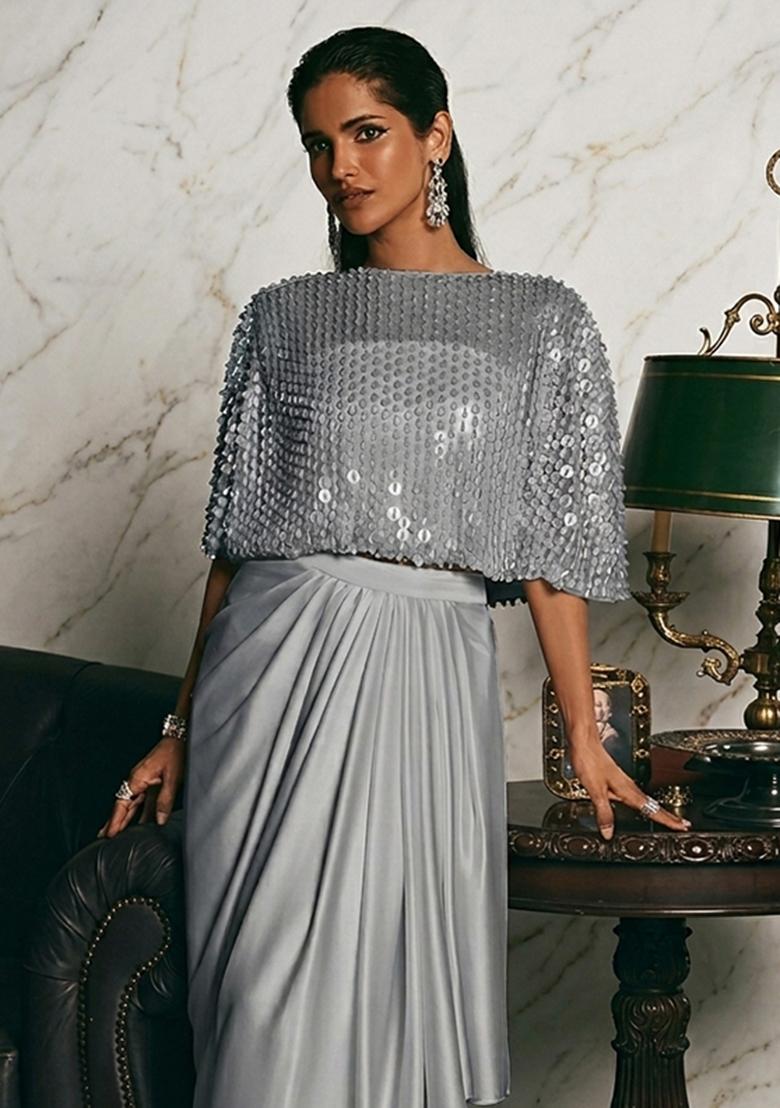 Grey Embroidered Handwork Fusion Set - Indya