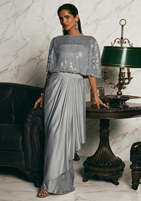 Grey Embroidered Handwork Fusion Set