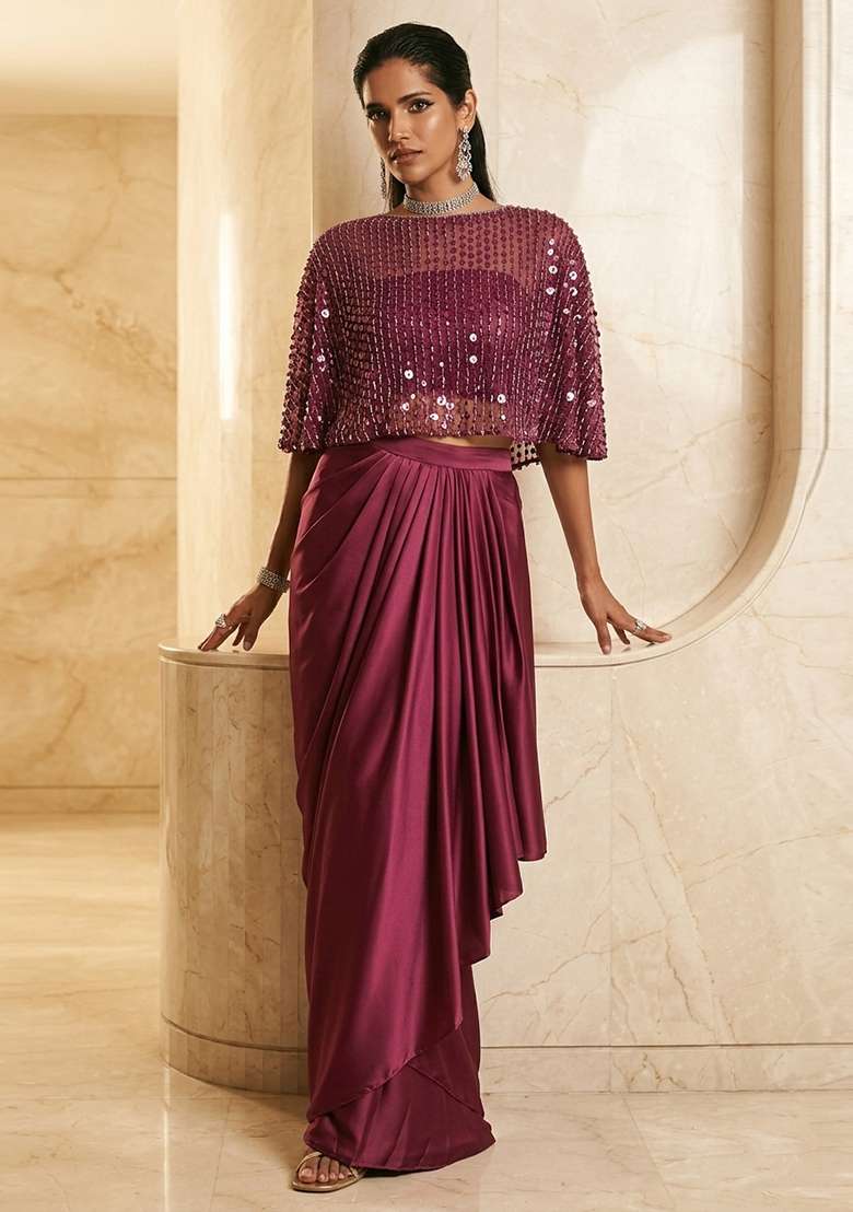 Mauve Embroidered Handwork Fusion Set - Indya