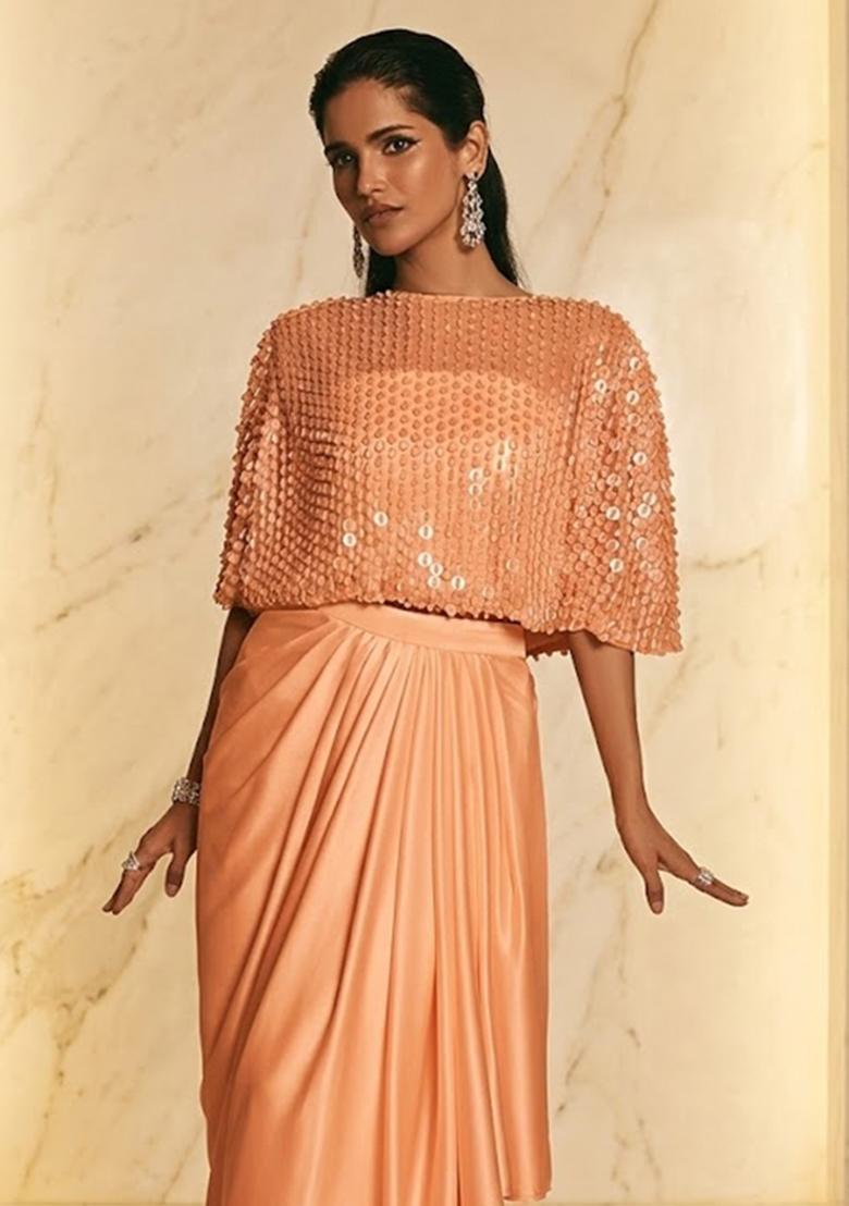 Peach Embroidered Handwork Fusion Set - Indya