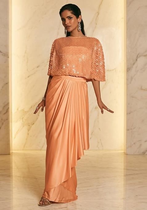 Peach Embroidered Handwork Fusion Set