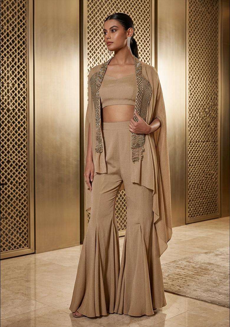 Beige Embroidered Handwork Fusion Set - Indya