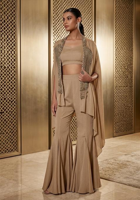 Beige Embroidered Handwork Fusion Set