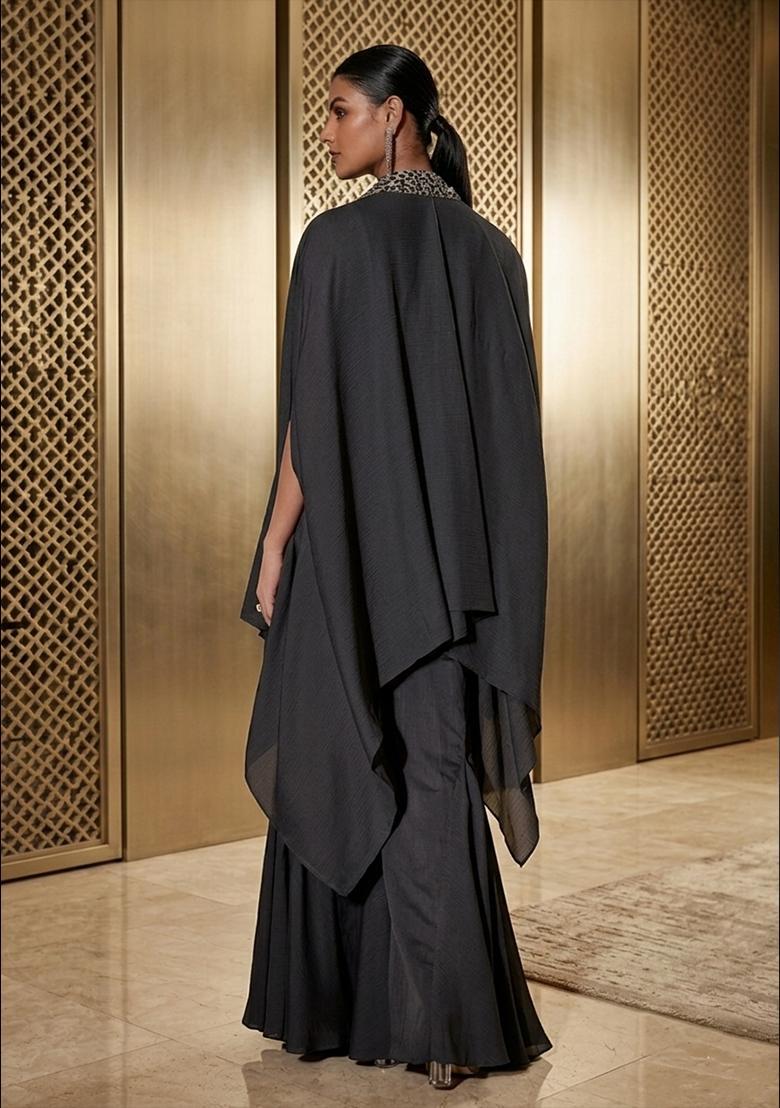 Black Embroidered Handwork Fusion Set - Indya