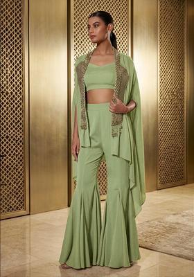 Olive Green Embroidered Handwork Fusion Set