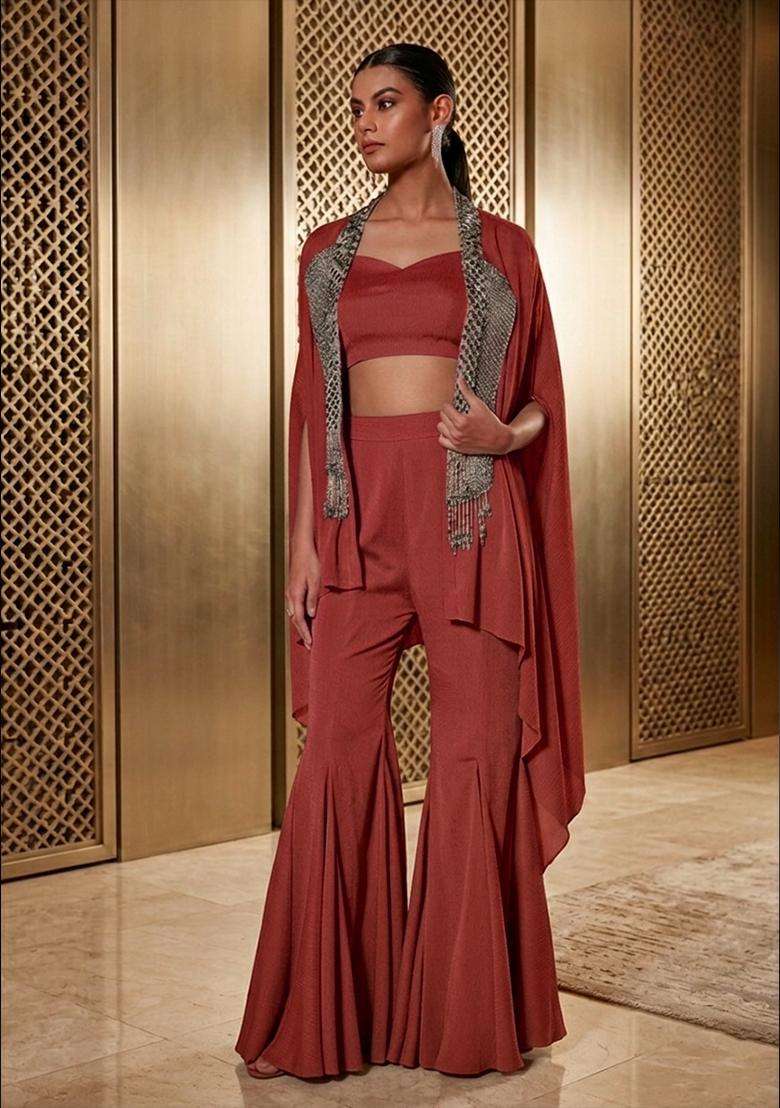 Rust Embroidered Handwork Fusion Set - Indya