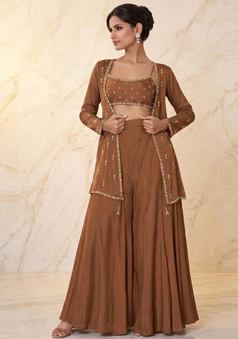 Beige Embroidered Handwork Fusion Set