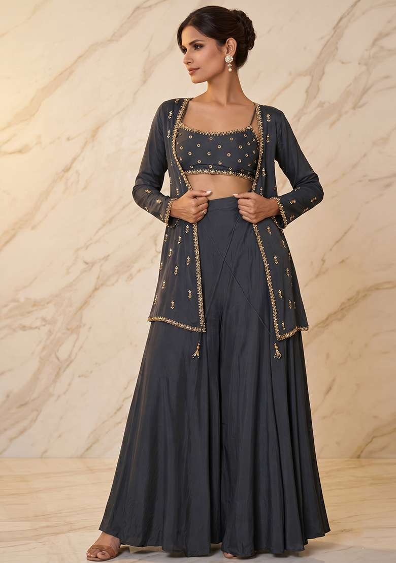 Black Embroidered Handwork Fusion Set - Indya
