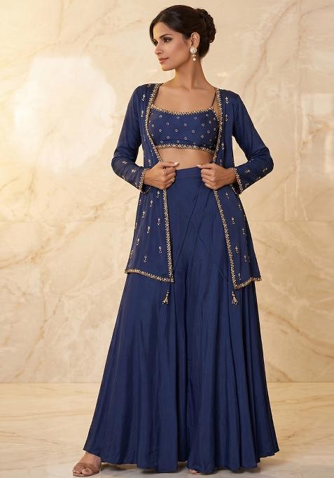 Blue Embroidered Handwork Fusion Set