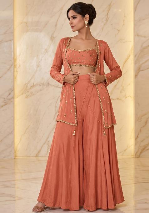 Coral Embroidered Handwork Fusion Set