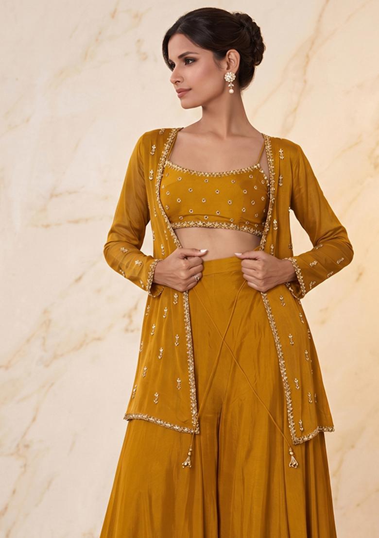 Mustard Yellow Embroidered Handwork Fusion Set - Indya
