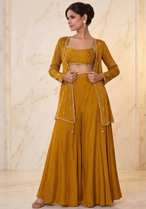 Mustard Yellow Embroidered Handwork Fusion Set