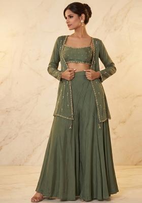 Olive Green Embroidered Handwork Fusion Set