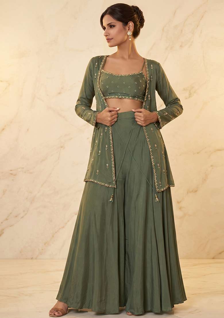 Olive Green Embroidered Handwork Fusion Set - Indya