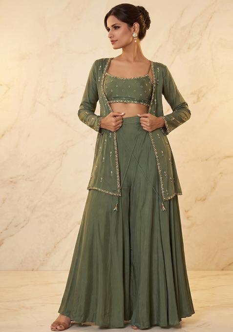 Olive Green Embroidered Handwork Fusion Set