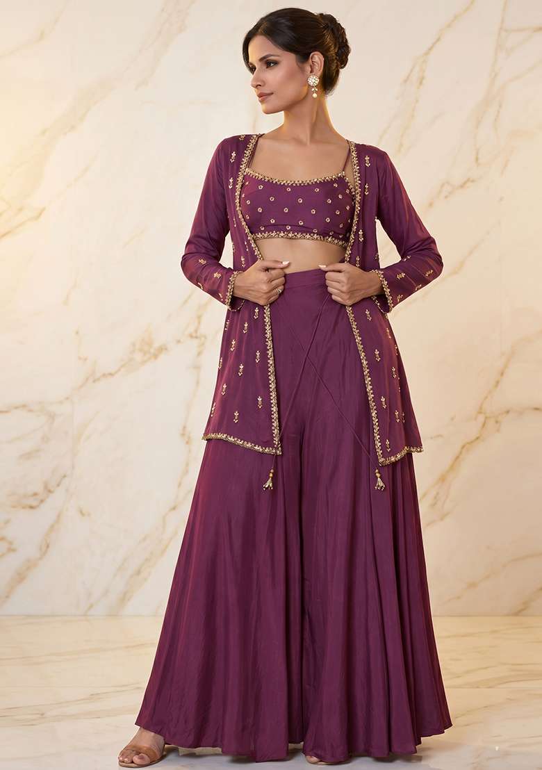 Plum Embroidered Handwork Fusion Set - Indya