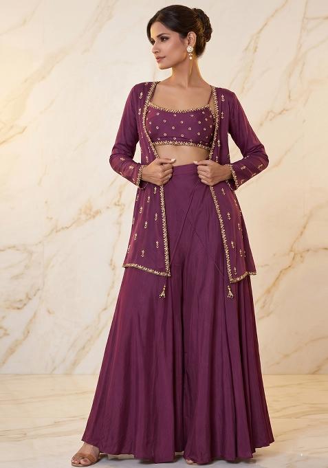 Plum Embroidered Handwork Fusion Set