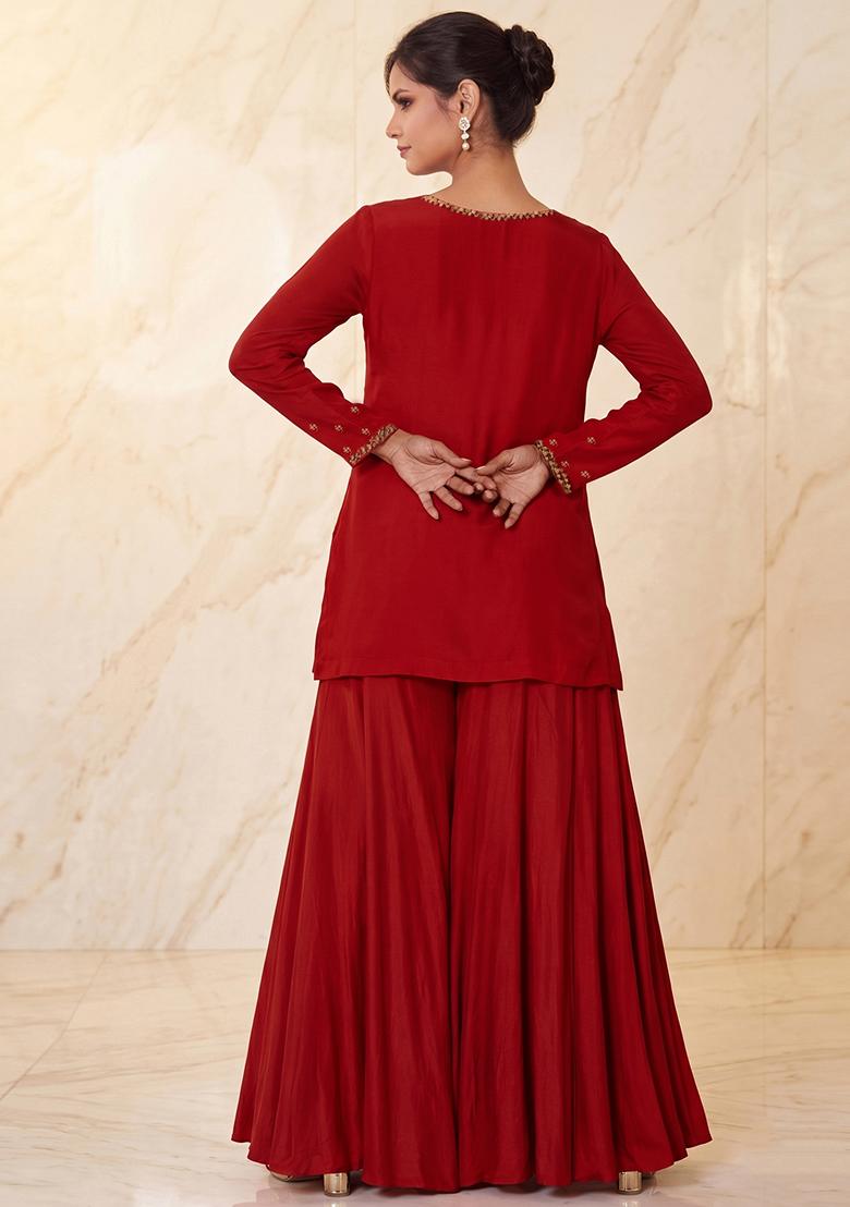 Red Embroidered Handwork Fusion Set - Indya
