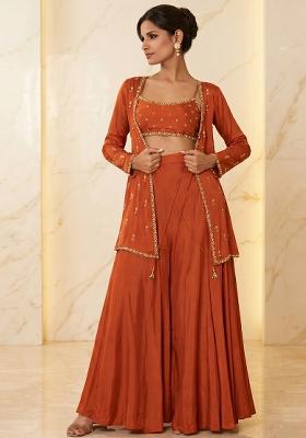 Rust Embroidered Handwork Fusion Set
