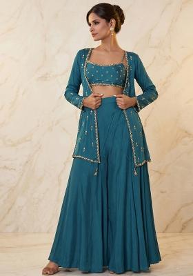 Teal Embroidered Handwork Fusion Set