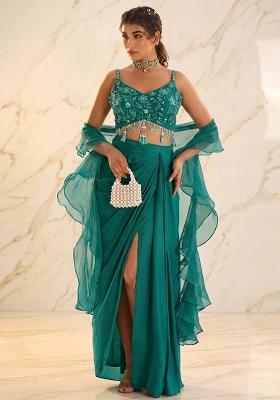 Green Embroidered Handwork Fusion Set