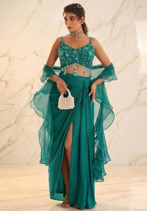 Green Embroidered Handwork Fusion Set