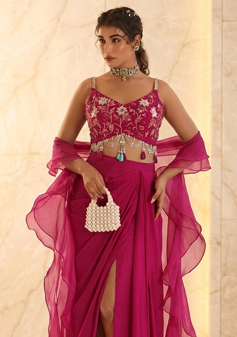 Hot Pink Embroidered Handwork Fusion Set - Indya