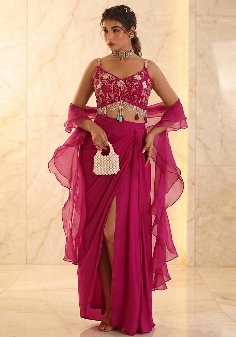 Hot Pink Embroidered Handwork Fusion Set