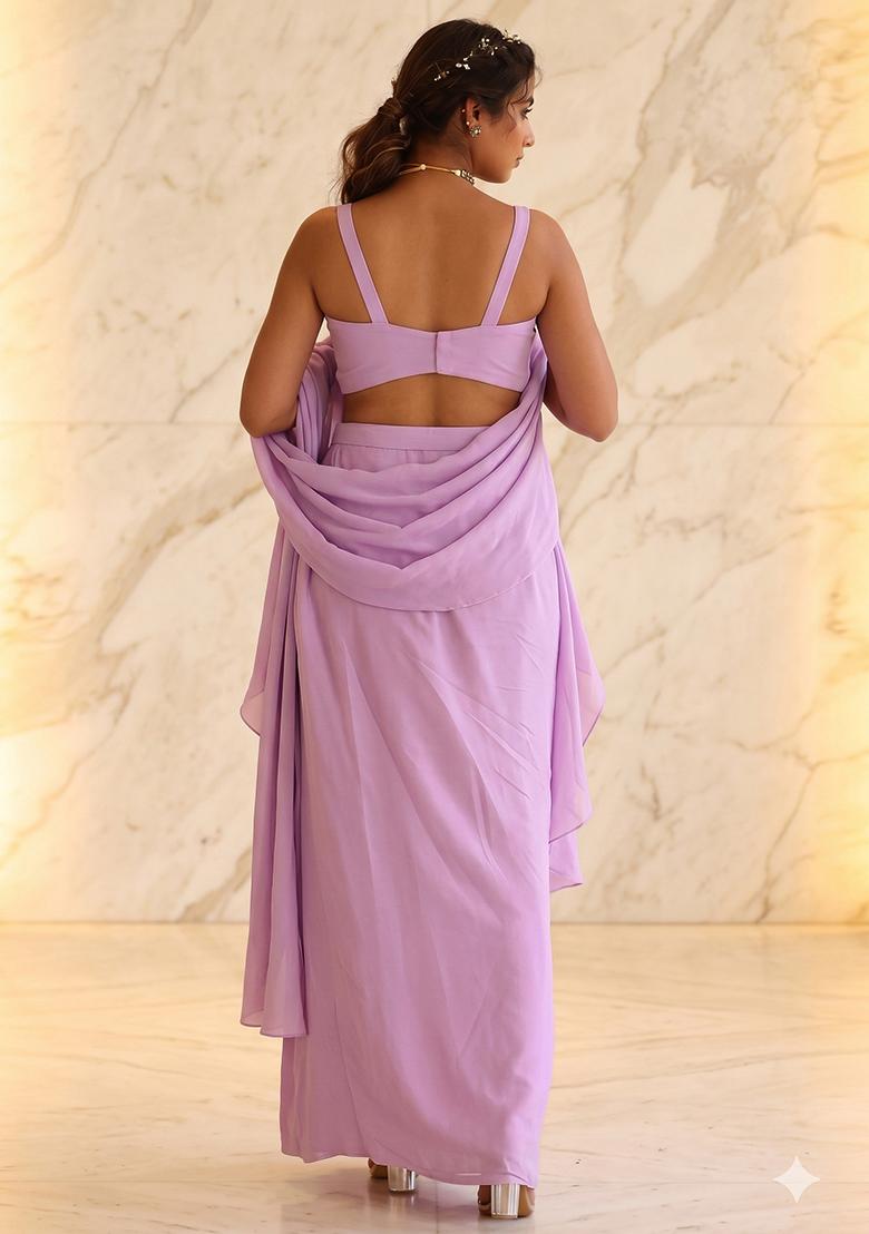 Lilac Embroidered Handwork Fusion Set - Indya