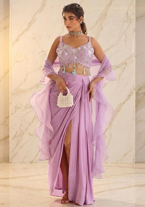 Lilac Embroidered Handwork Fusion Set