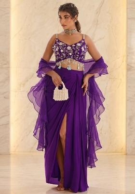 Purple Embroidered Handwork Fusion Set