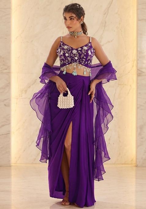 Purple Embroidered Handwork Fusion Set