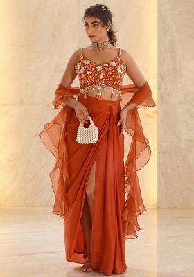 Rust Embroidered Handwork Fusion Set